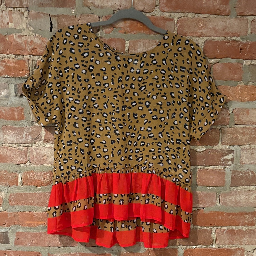 Anthropologie Leopard Print Blouse with Red Ruffle